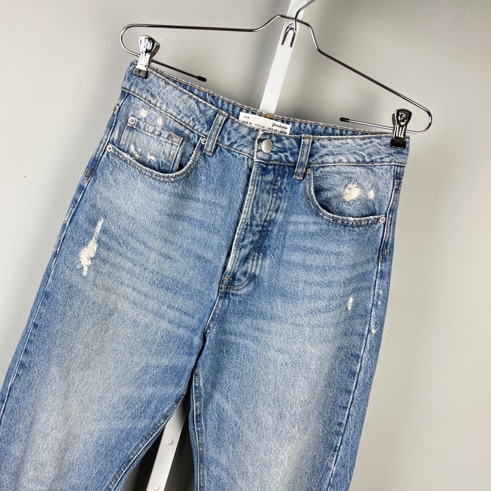 Stradivarius Mom Jeans Womens 6 High Rise Button Fly Distressed Denim‎
